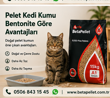 Pelet kedi kumu ile bentonit kumu karşılaştıran BetaPellet rehber görseli